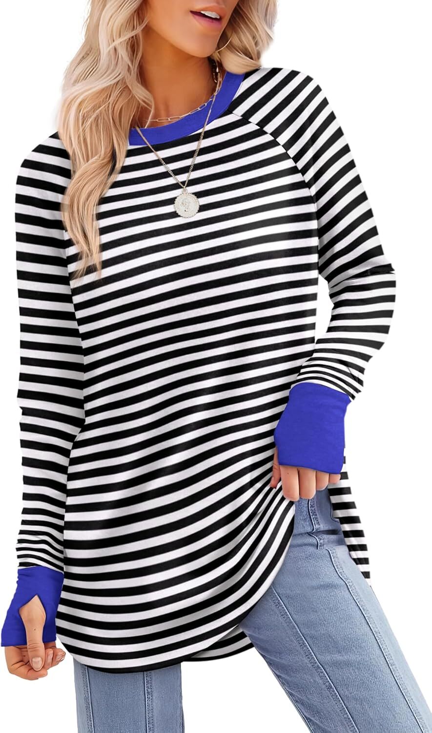 🔥Womens Tunic Tops to Wear with Leggings Long Sleeve Thumb Hole Shirts Crew Neck Curved Hem