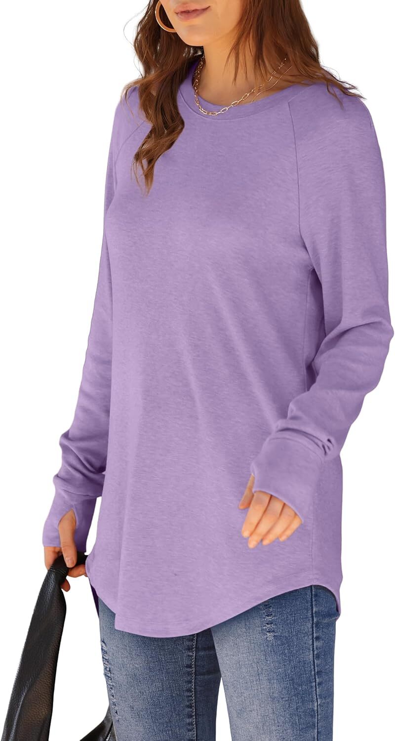 🔥Womens Tunic Tops to Wear with Leggings Long Sleeve Thumb Hole Shirts Crew Neck Curved Hem