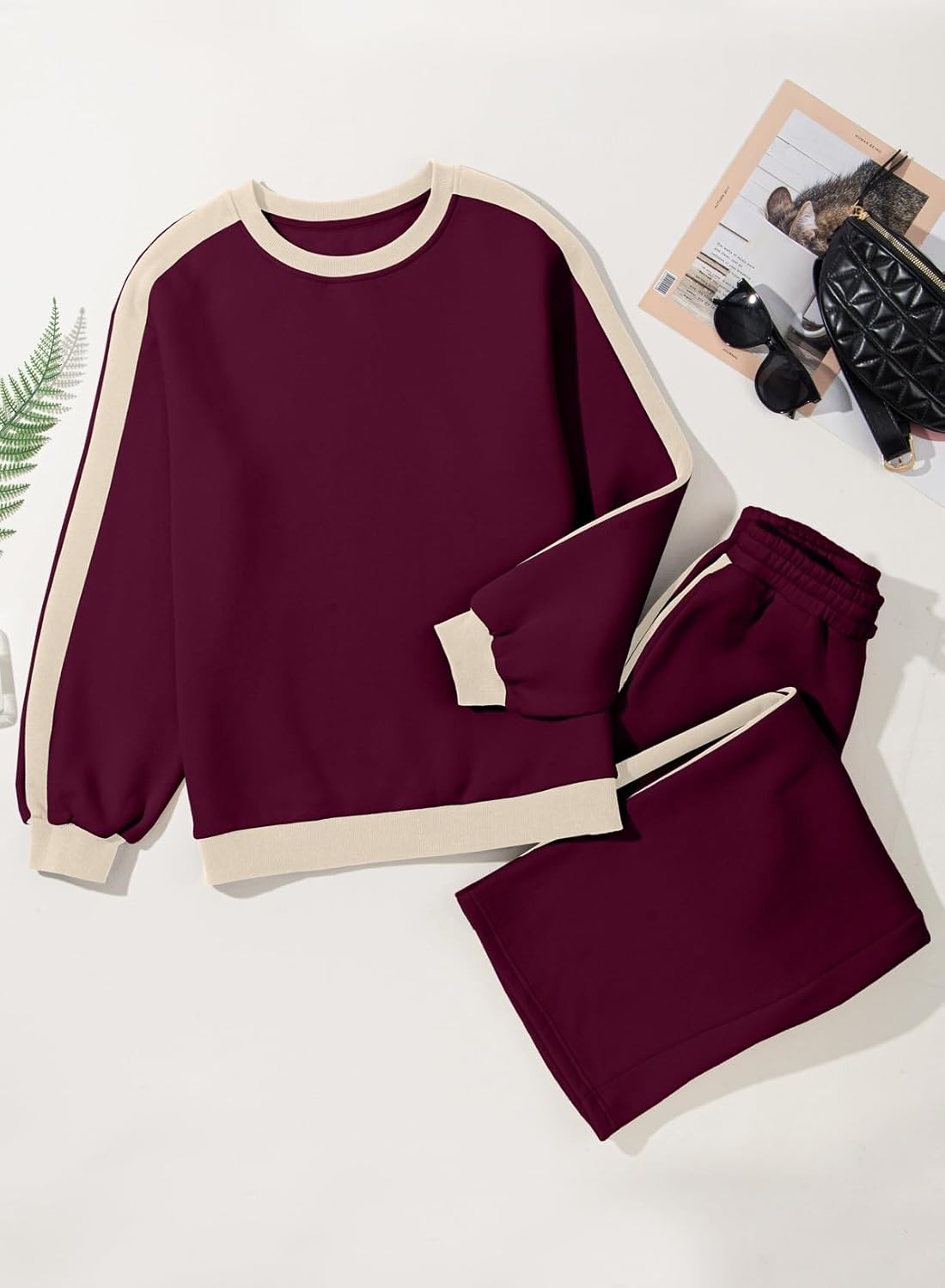 ❤️Last day promotion! Women 2 Piece Outfits Color Block Sweatsuit Casual Fleece Lounge Matching Sets