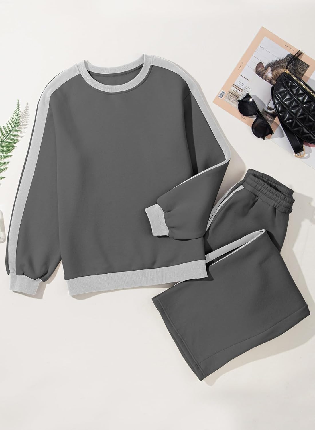 ❤️Last day promotion! Women 2 Piece Outfits Color Block Sweatsuit Casual Fleece Lounge Matching Sets
