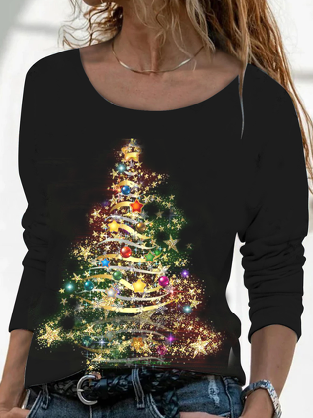 Casual Crew Neck Christmas Tree Top & T-shirt Female