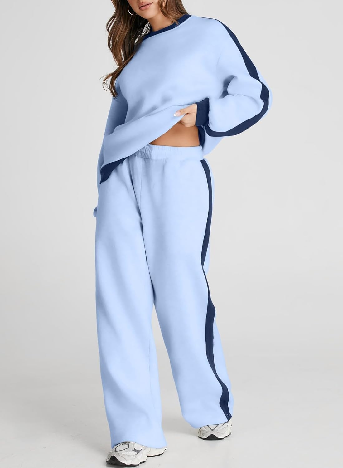 ❤️Last day promotion! Women 2 Piece Outfits Color Block Sweatsuit Casual Fleece Lounge Matching Sets