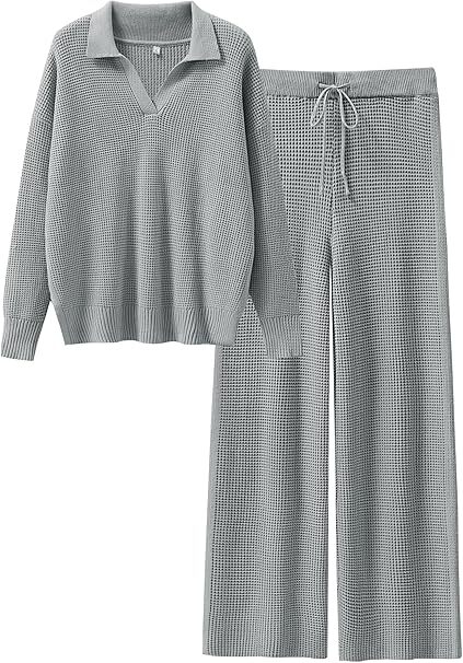 🔥Autumn Special Offer-Womens Two Piece Outfits Sweater Sets Waffle Knit Pullover Wide Leg Pants