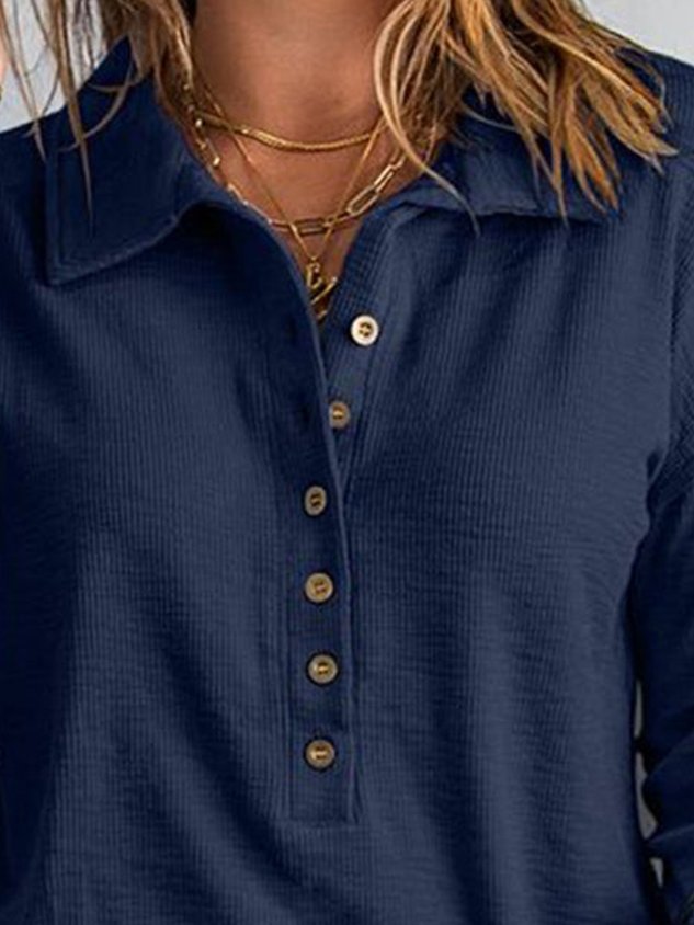 Women's Navy Button Front Long Sleeve Henley T-Shirt