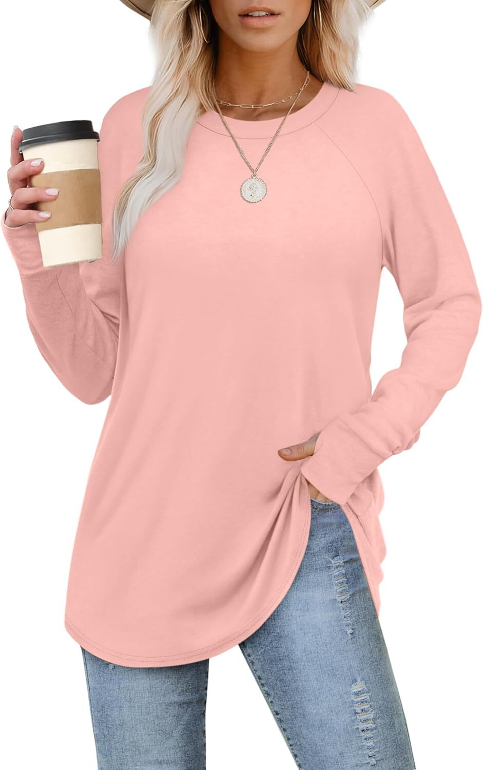 🔥Womens Tunic Tops to Wear with Leggings Long Sleeve Thumb Hole Shirts Crew Neck Curved Hem