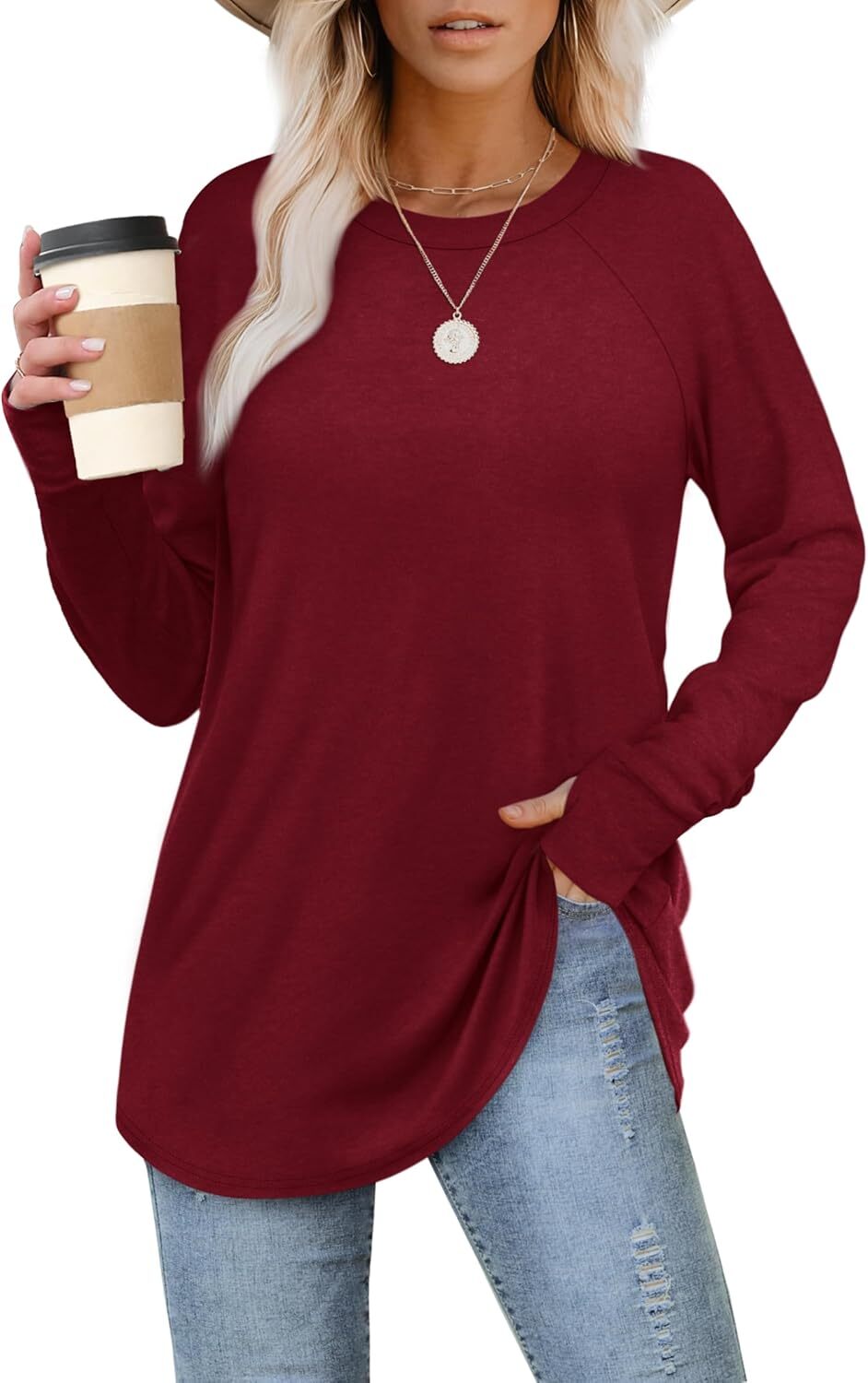 🔥Womens Tunic Tops to Wear with Leggings Long Sleeve Thumb Hole Shirts Crew Neck Curved Hem