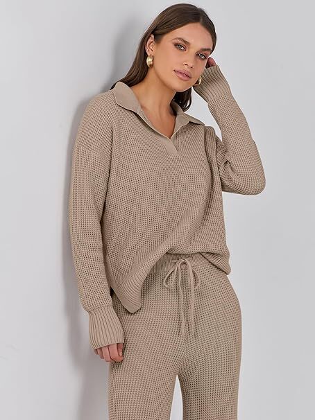 🔥Autumn Special Offer-Womens Two Piece Outfits Sweater Sets Waffle Knit Pullover Wide Leg Pants