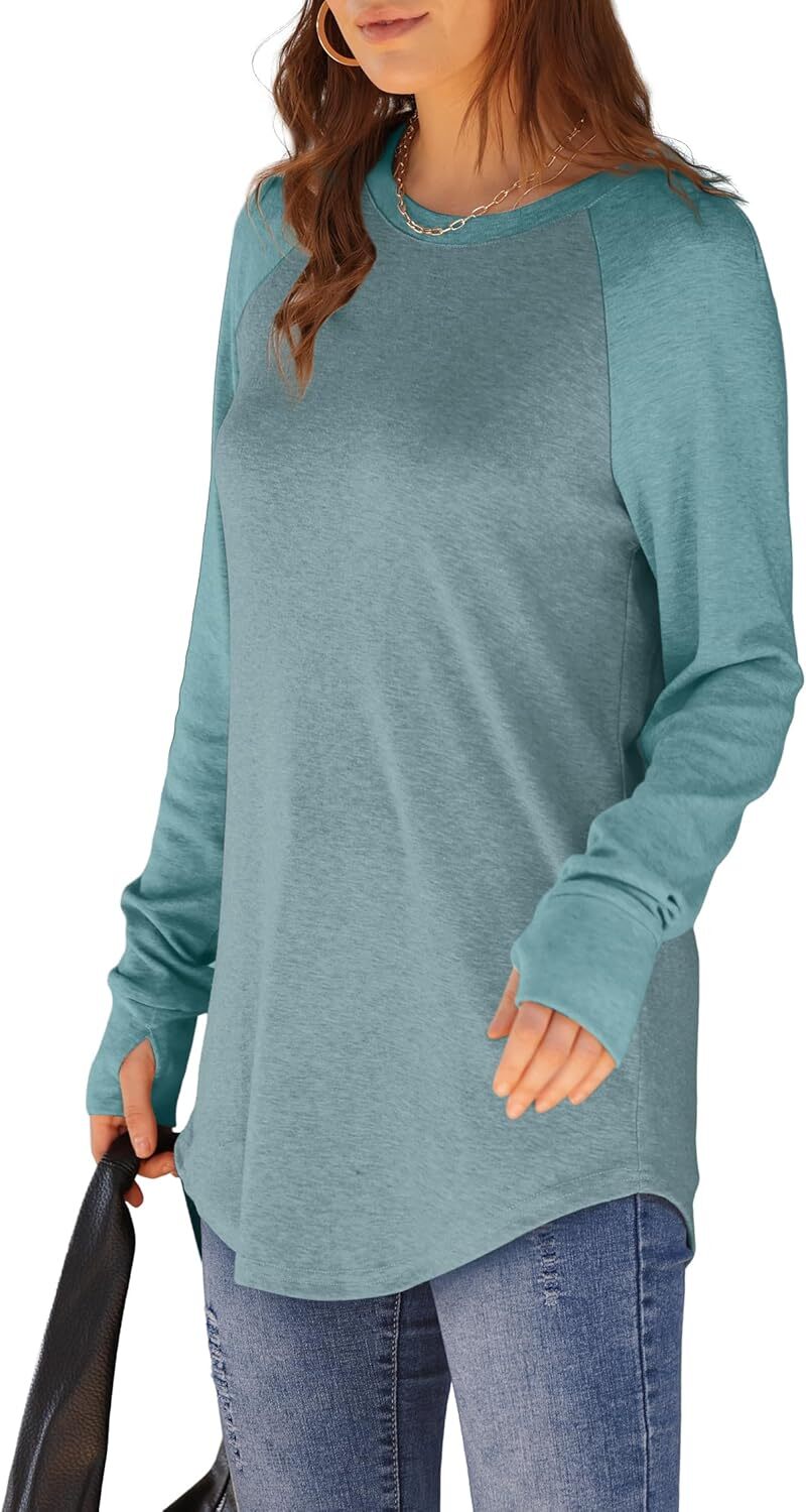 🔥Womens Tunic Tops to Wear with Leggings Long Sleeve Thumb Hole Shirts Crew Neck Curved Hem