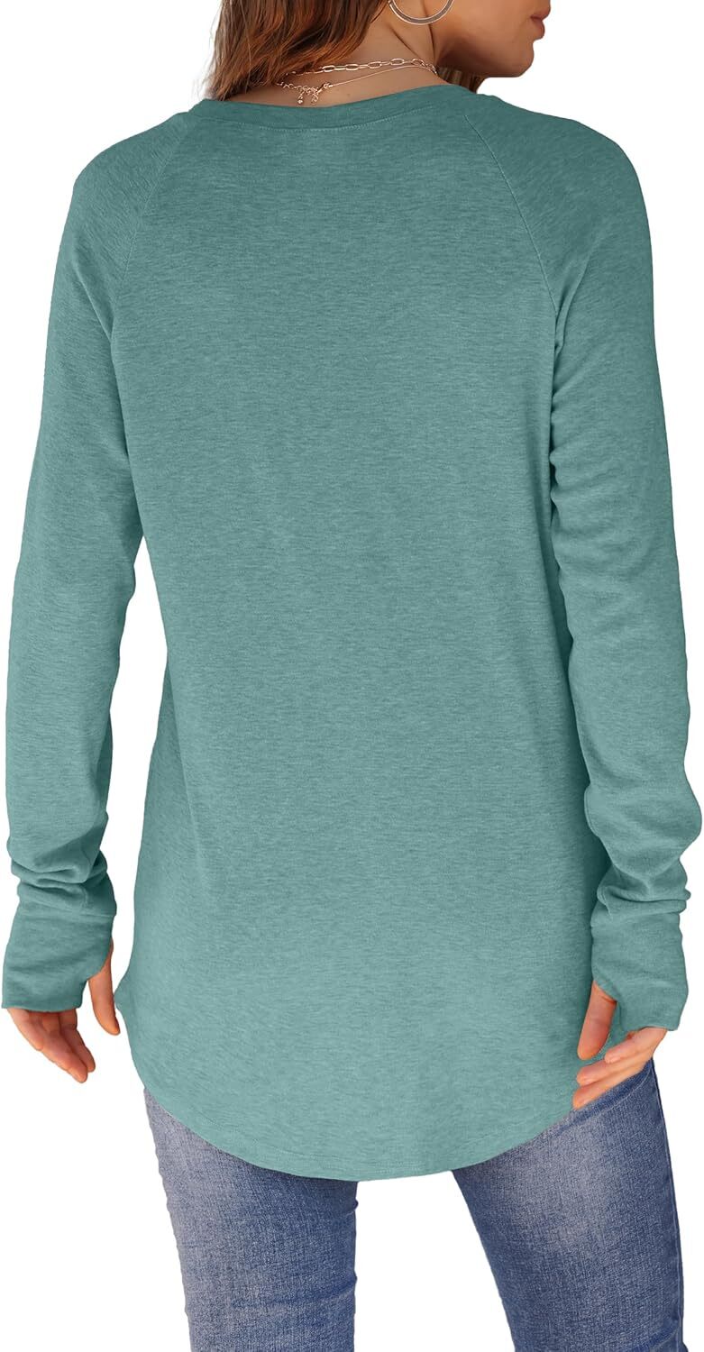 🔥Womens Tunic Tops to Wear with Leggings Long Sleeve Thumb Hole Shirts Crew Neck Curved Hem