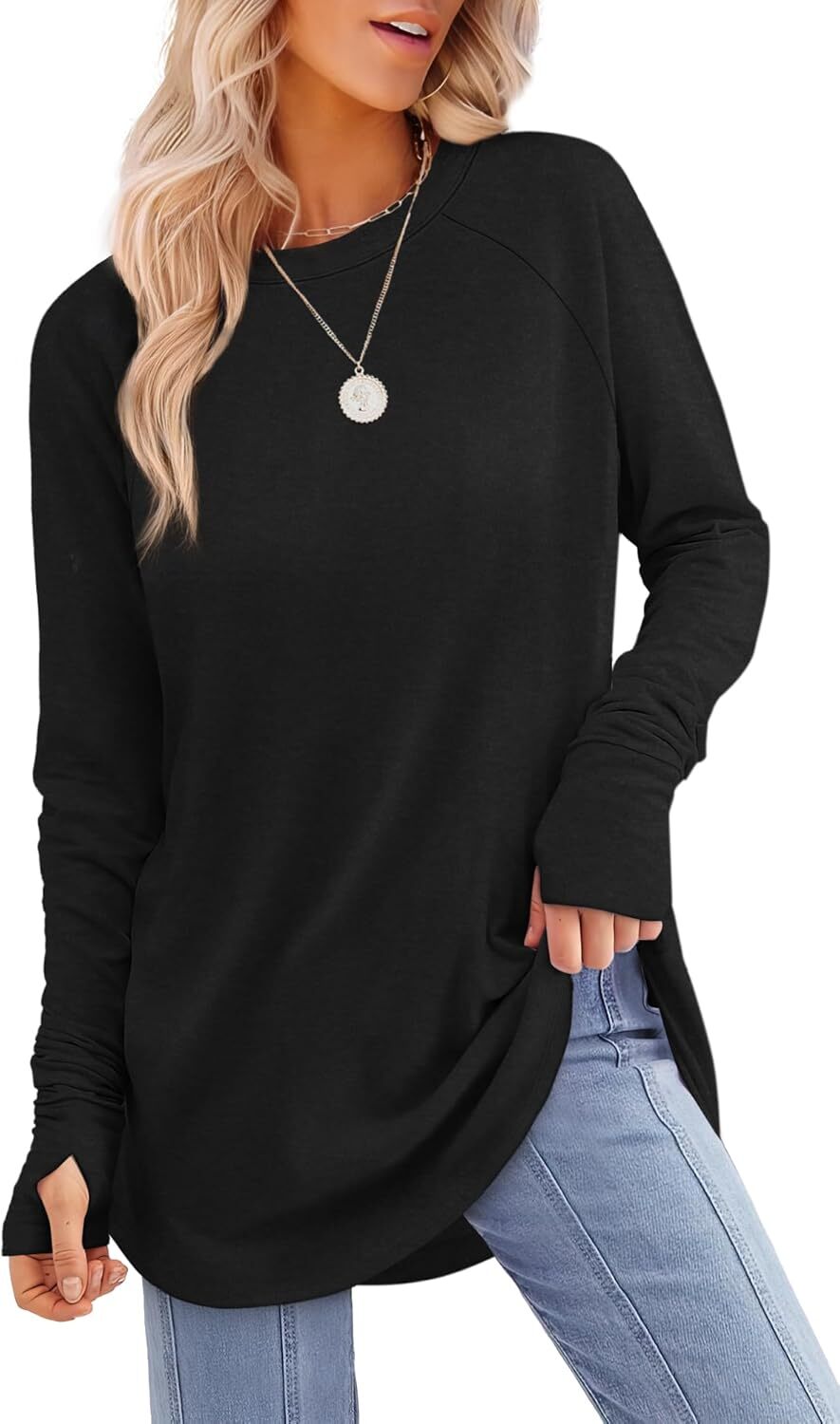 🔥Womens Tunic Tops to Wear with Leggings Long Sleeve Thumb Hole Shirts Crew Neck Curved Hem