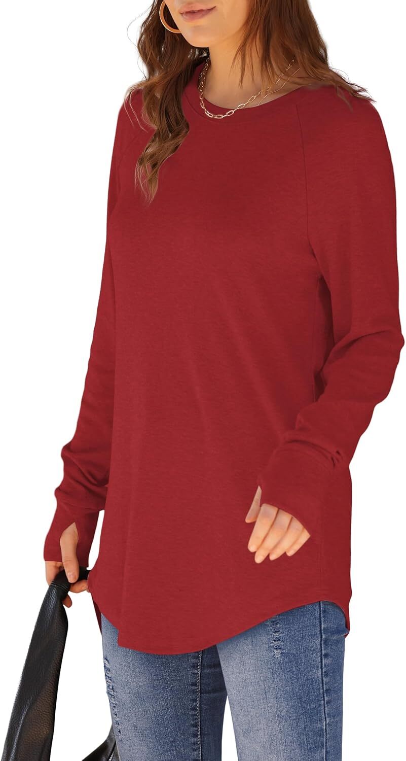 🔥Womens Tunic Tops to Wear with Leggings Long Sleeve Thumb Hole Shirts Crew Neck Curved Hem