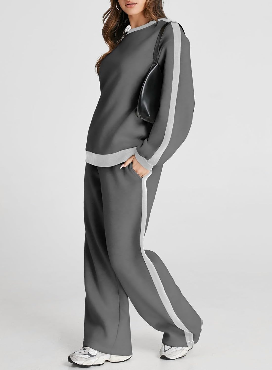 ❤️Last day promotion! Women 2 Piece Outfits Color Block Sweatsuit Casual Fleece Lounge Matching Sets