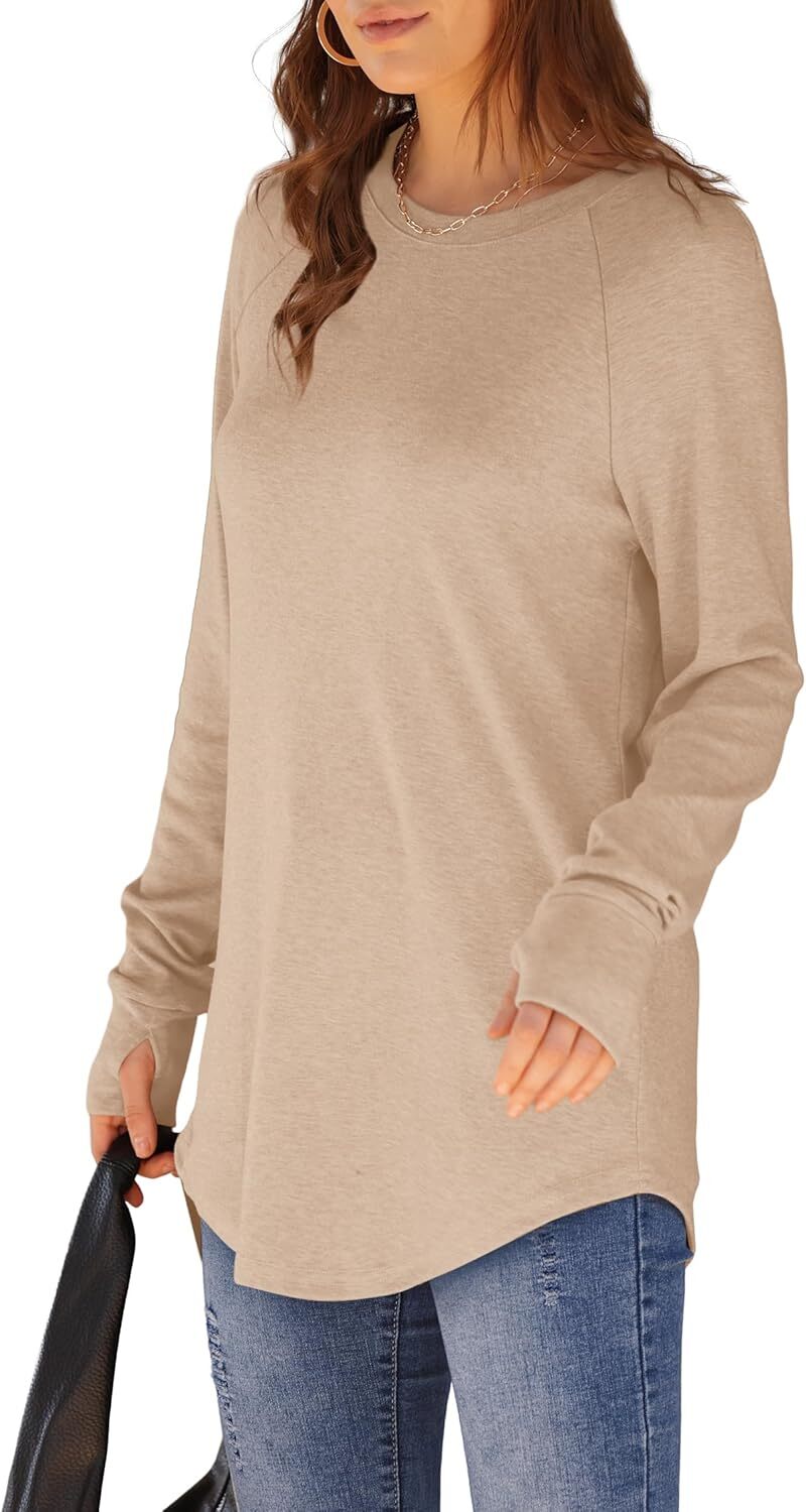 🔥Womens Tunic Tops to Wear with Leggings Long Sleeve Thumb Hole Shirts Crew Neck Curved Hem
