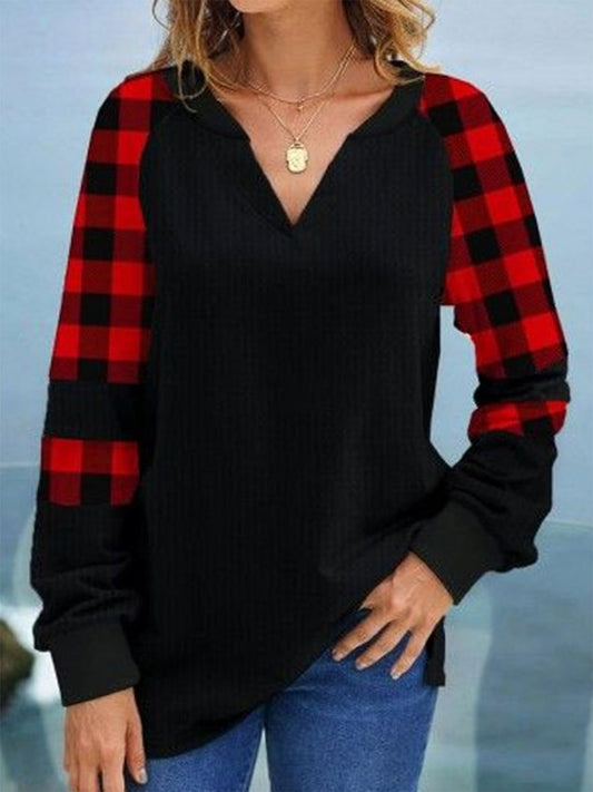 V-neck Christmas Plaid Color Block Casual Long-sleeved T-shirt