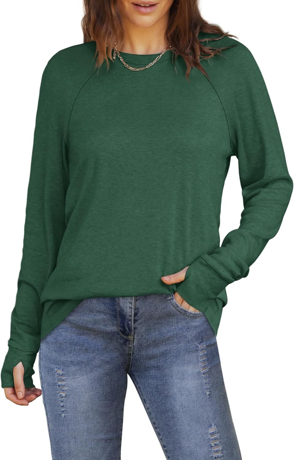 🔥Womens Tunic Tops to Wear with Leggings Long Sleeve Thumb Hole Shirts Crew Neck Curved Hem