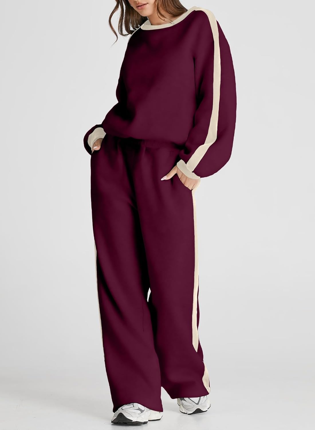 ❤️Last day promotion! Women 2 Piece Outfits Color Block Sweatsuit Casual Fleece Lounge Matching Sets