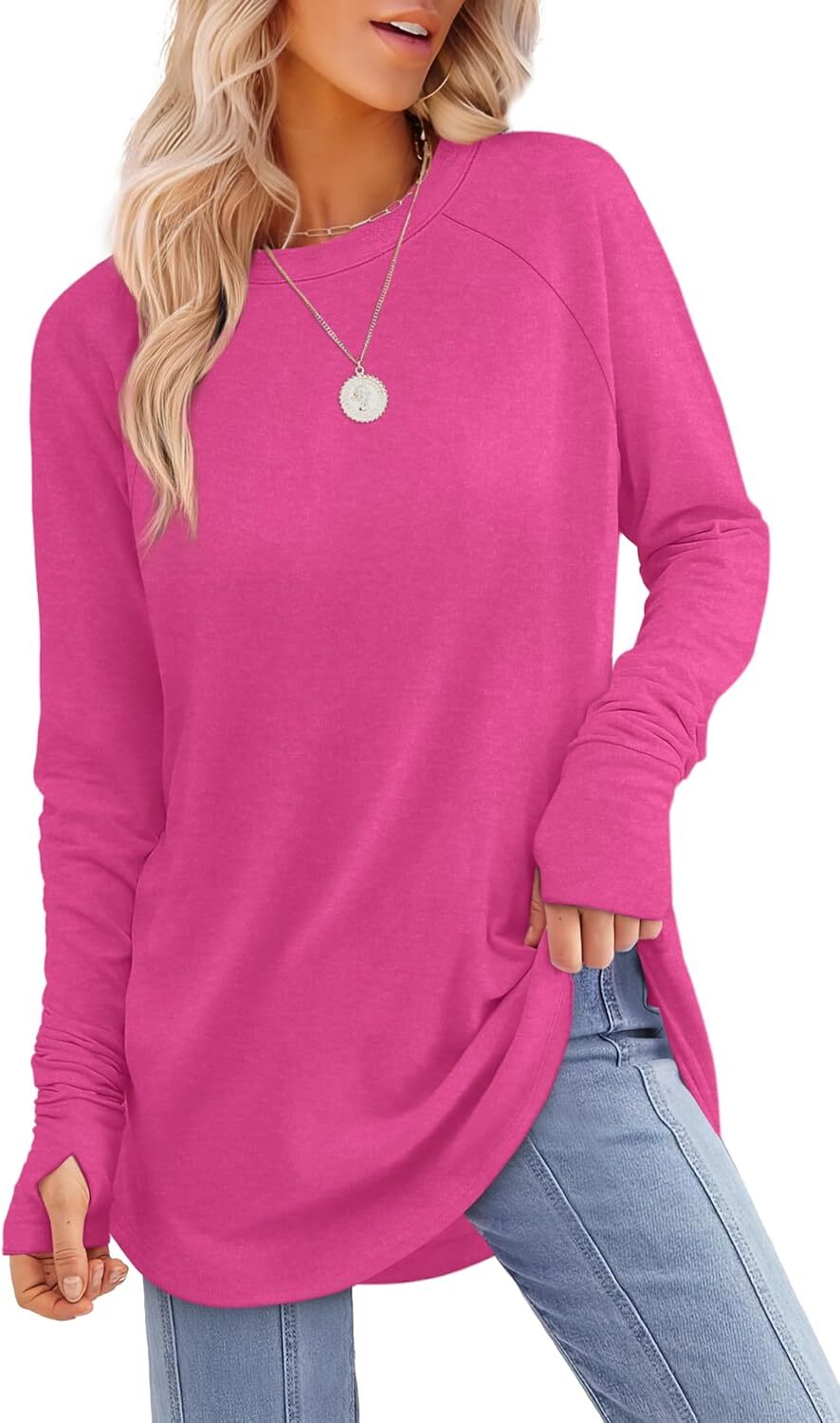 🔥Womens Tunic Tops to Wear with Leggings Long Sleeve Thumb Hole Shirts Crew Neck Curved Hem
