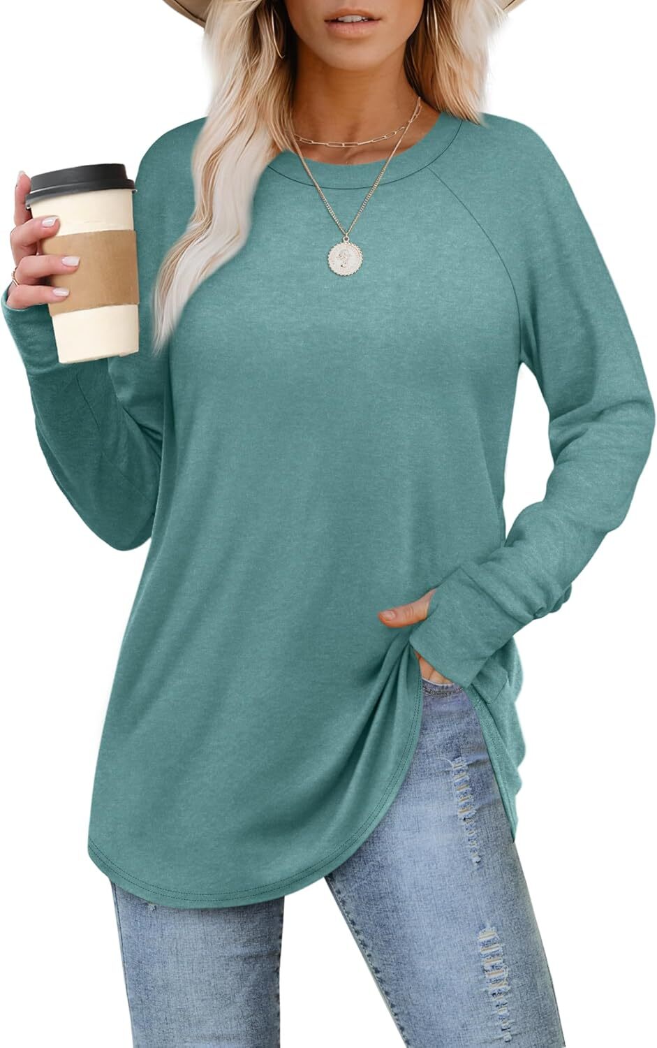 🔥Womens Tunic Tops to Wear with Leggings Long Sleeve Thumb Hole Shirts Crew Neck Curved Hem