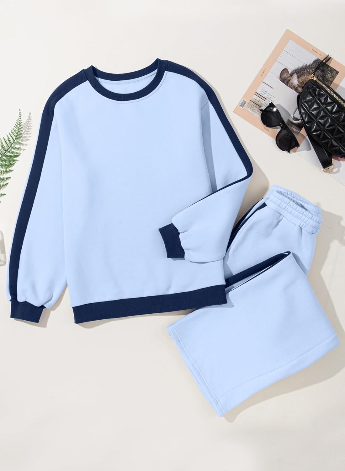 ❤️Last day promotion! Women 2 Piece Outfits Color Block Sweatsuit Casual Fleece Lounge Matching Sets