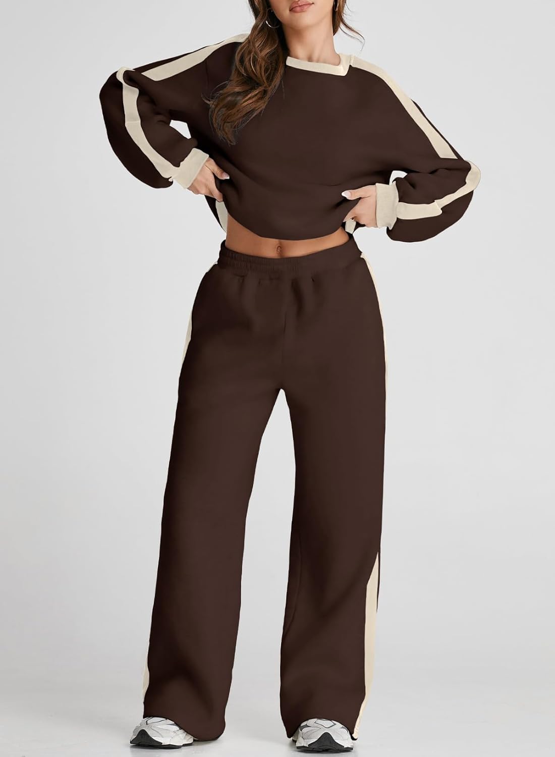 ❤️Last day promotion! Women 2 Piece Outfits Color Block Sweatsuit Casual Fleece Lounge Matching Sets