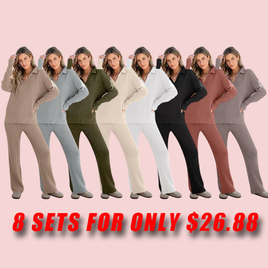 🔥Autumn Special Offer-Womens Two Piece Outfits Sweater Sets Waffle Knit Pullover Wide Leg Pants
