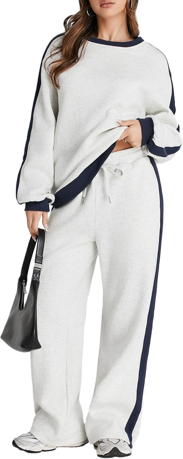 ❤️Last day promotion! Women 2 Piece Outfits Color Block Sweatsuit Casual Fleece Lounge Matching Sets