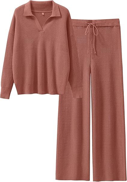 🔥Autumn Special Offer-Womens Two Piece Outfits Sweater Sets Waffle Knit Pullover Wide Leg Pants