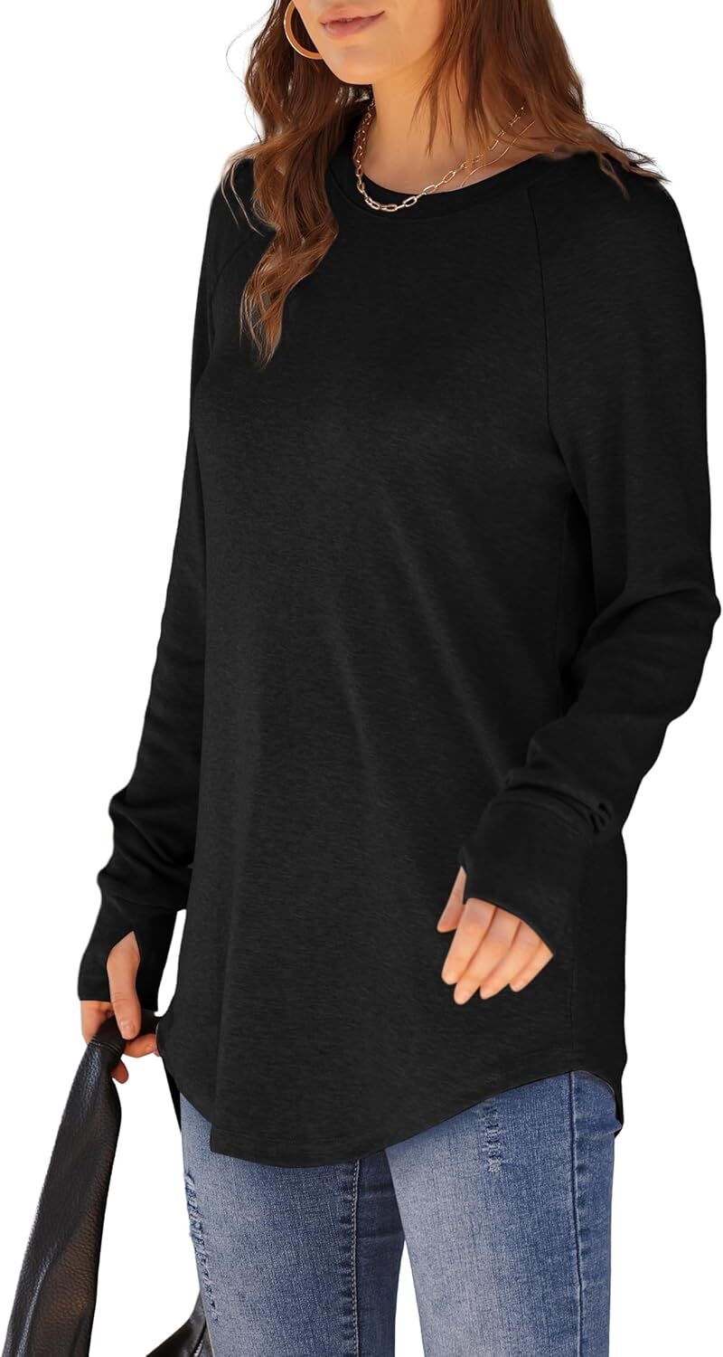 🔥Womens Tunic Tops to Wear with Leggings Long Sleeve Thumb Hole Shirts Crew Neck Curved Hem