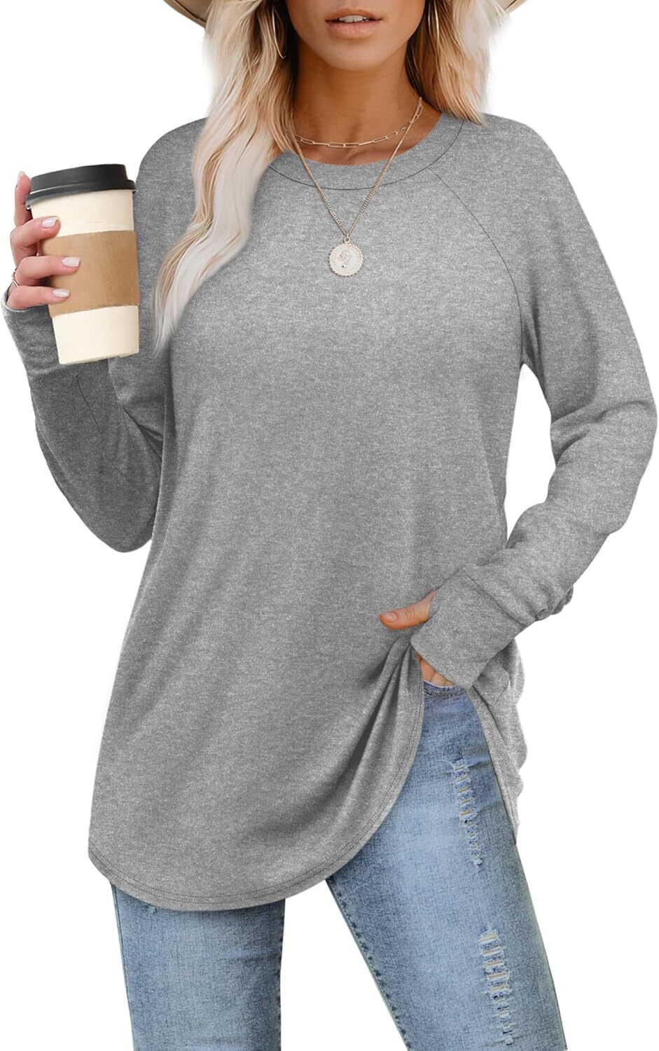 🔥Womens Tunic Tops to Wear with Leggings Long Sleeve Thumb Hole Shirts Crew Neck Curved Hem
