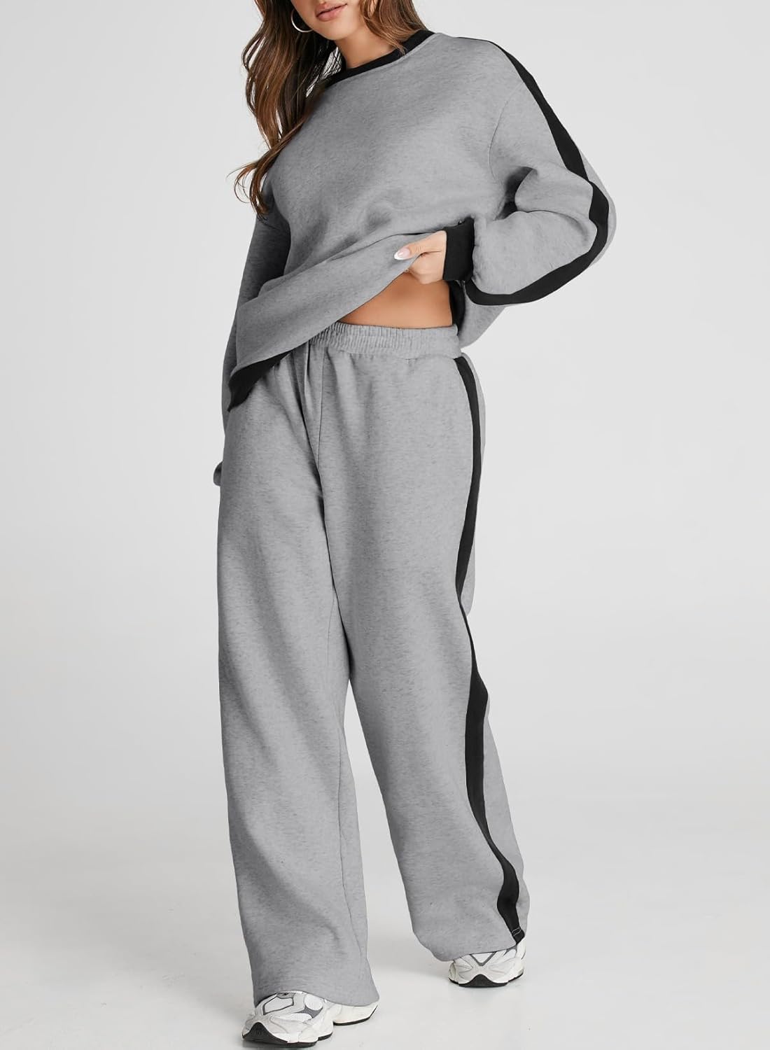 ❤️Last day promotion! Women 2 Piece Outfits Color Block Sweatsuit Casual Fleece Lounge Matching Sets