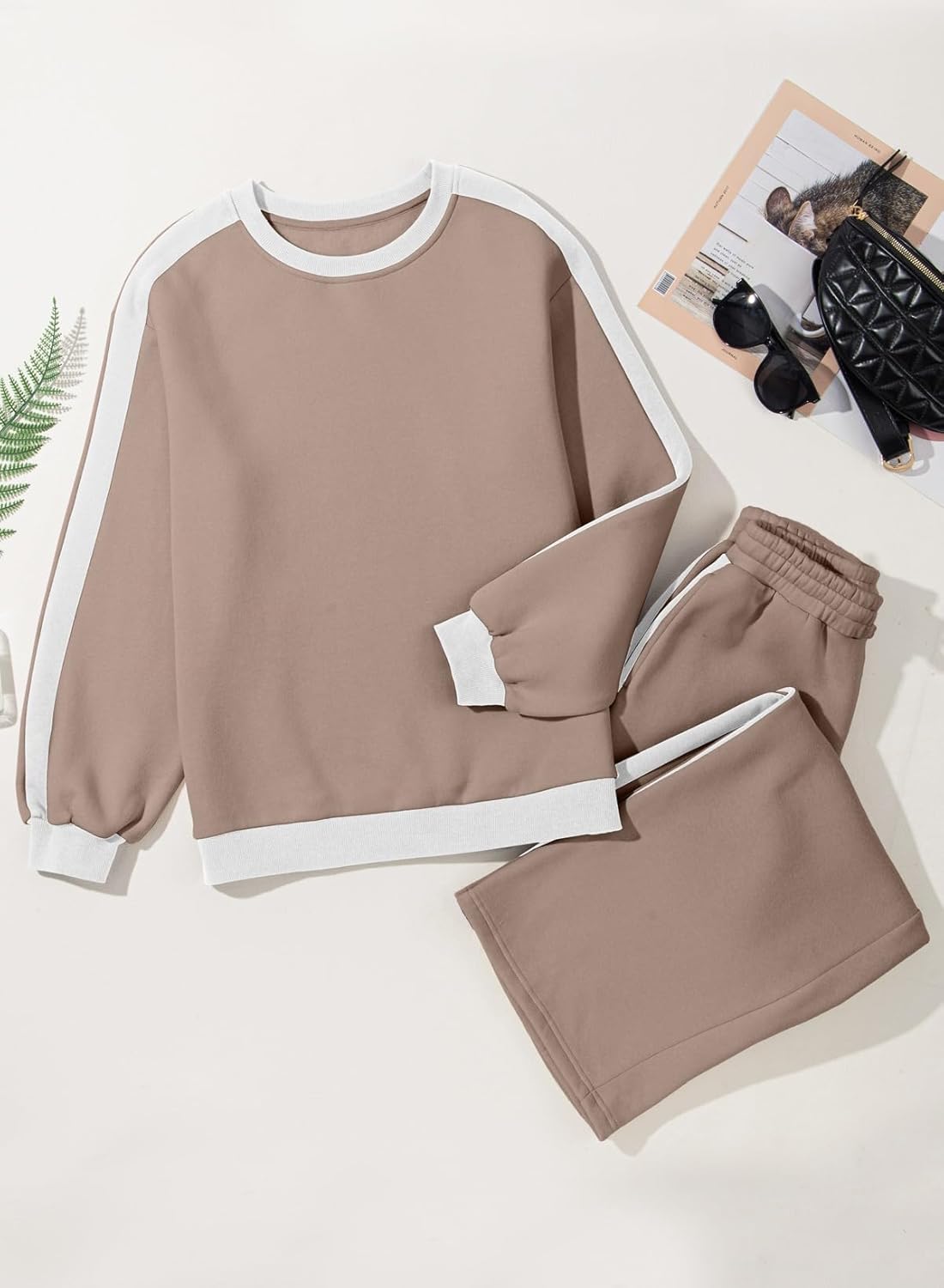 ❤️Last day promotion! Women 2 Piece Outfits Color Block Sweatsuit Casual Fleece Lounge Matching Sets
