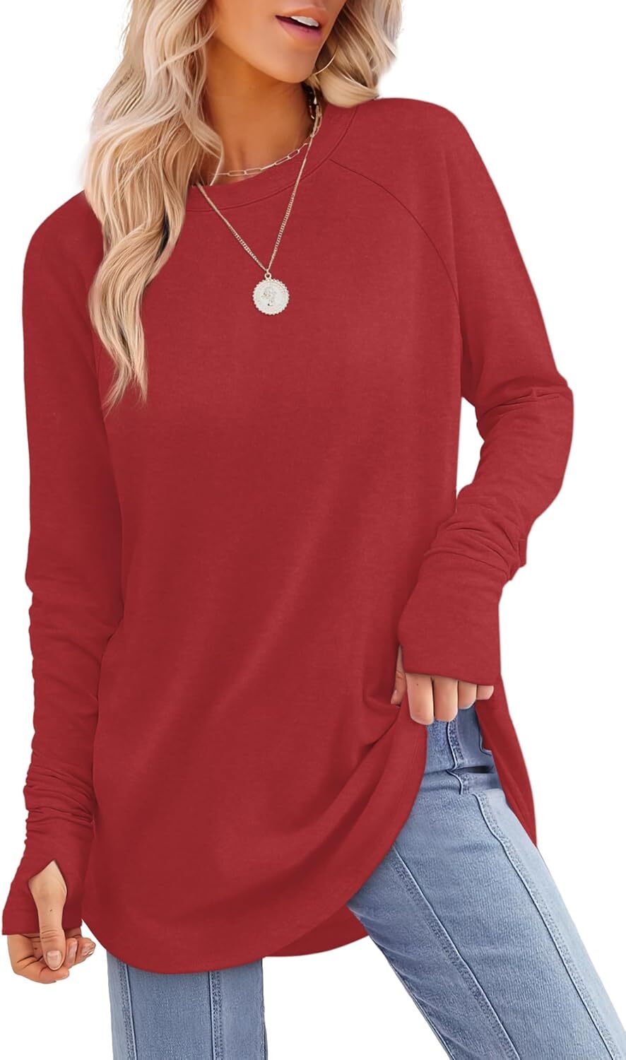 🔥Womens Tunic Tops to Wear with Leggings Long Sleeve Thumb Hole Shirts Crew Neck Curved Hem