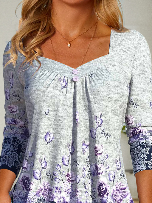 Floral Square Neck Casual T-Shirt