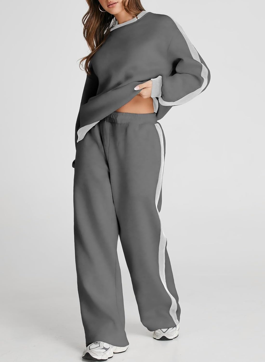 ❤️Last day promotion! Women 2 Piece Outfits Color Block Sweatsuit Casual Fleece Lounge Matching Sets