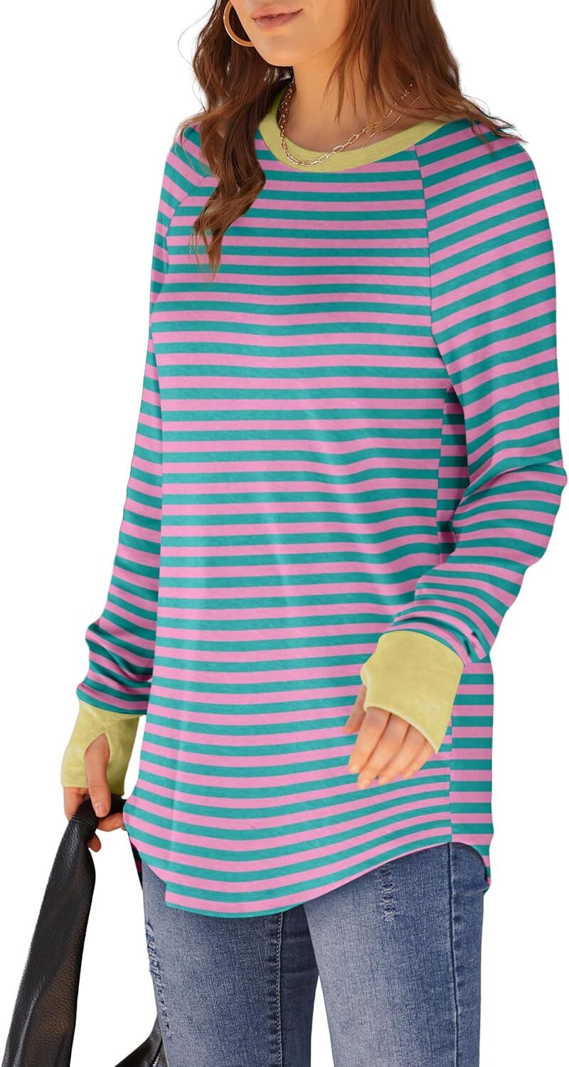 🔥Womens Tunic Tops to Wear with Leggings Long Sleeve Thumb Hole Shirts Crew Neck Curved Hem