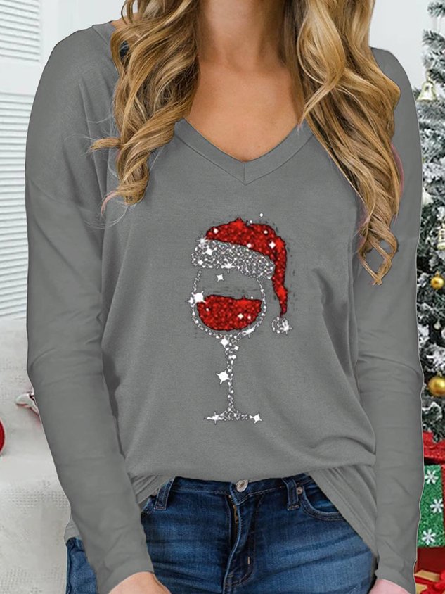 Christmas V Neck Loose Casual T-Shirt