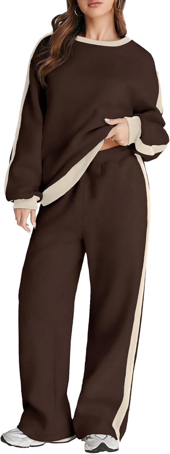 ❤️Last day promotion! Women 2 Piece Outfits Color Block Sweatsuit Casual Fleece Lounge Matching Sets