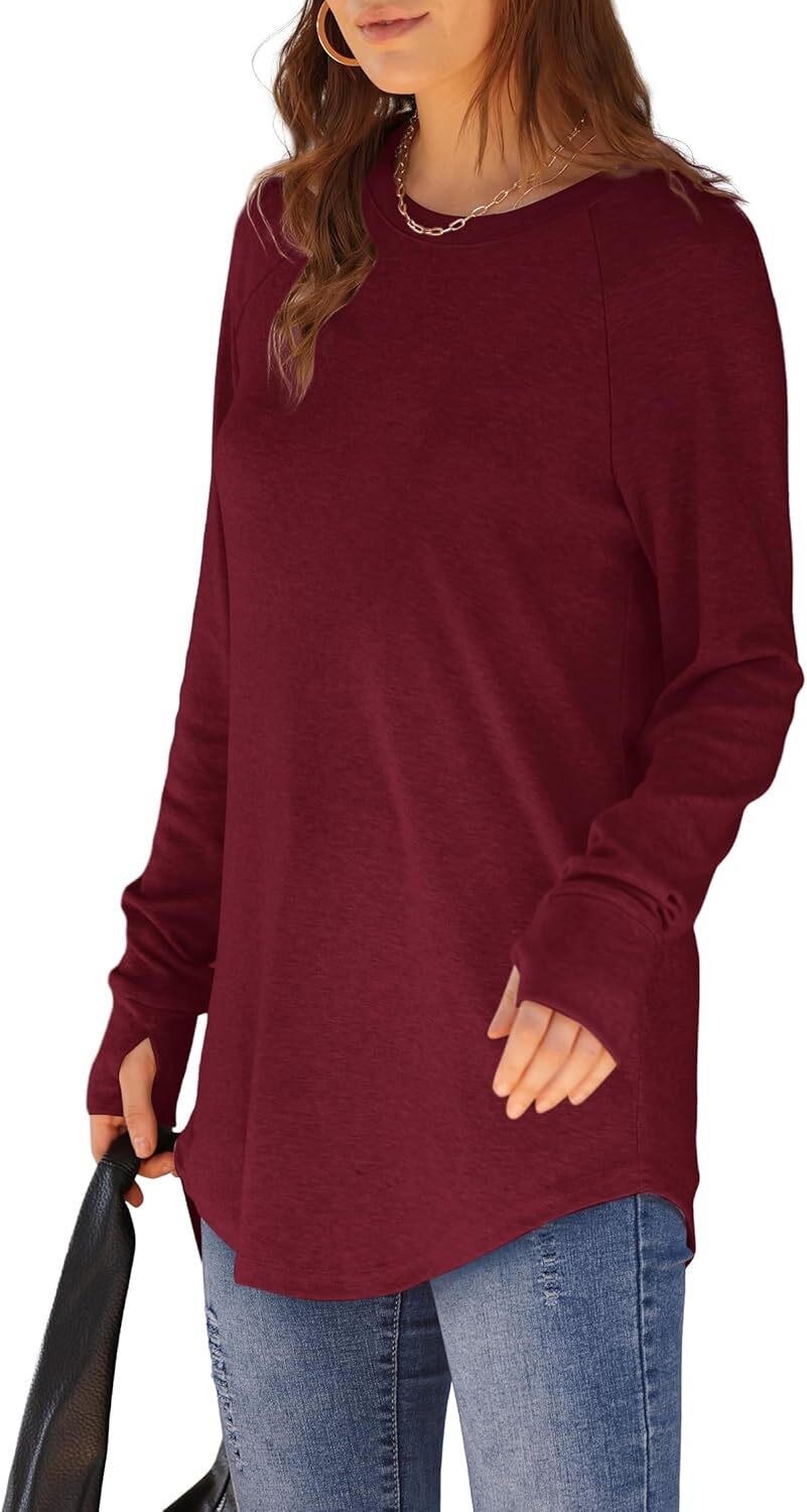 🔥Womens Tunic Tops to Wear with Leggings Long Sleeve Thumb Hole Shirts Crew Neck Curved Hem