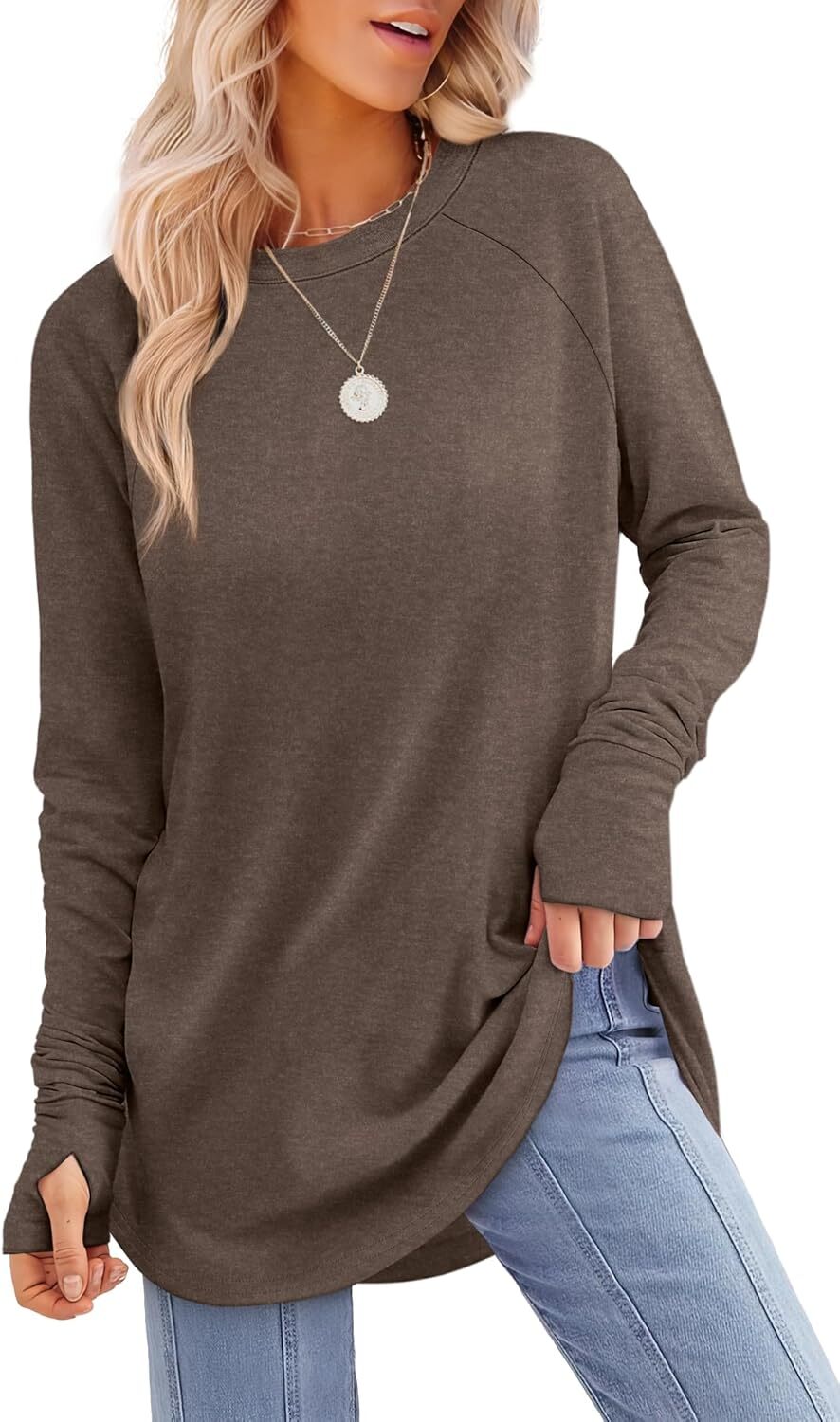 🔥Womens Tunic Tops to Wear with Leggings Long Sleeve Thumb Hole Shirts Crew Neck Curved Hem