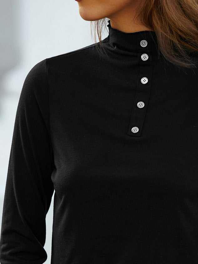 Casual Plain Half Turtleneck Buttoned T-Shirt