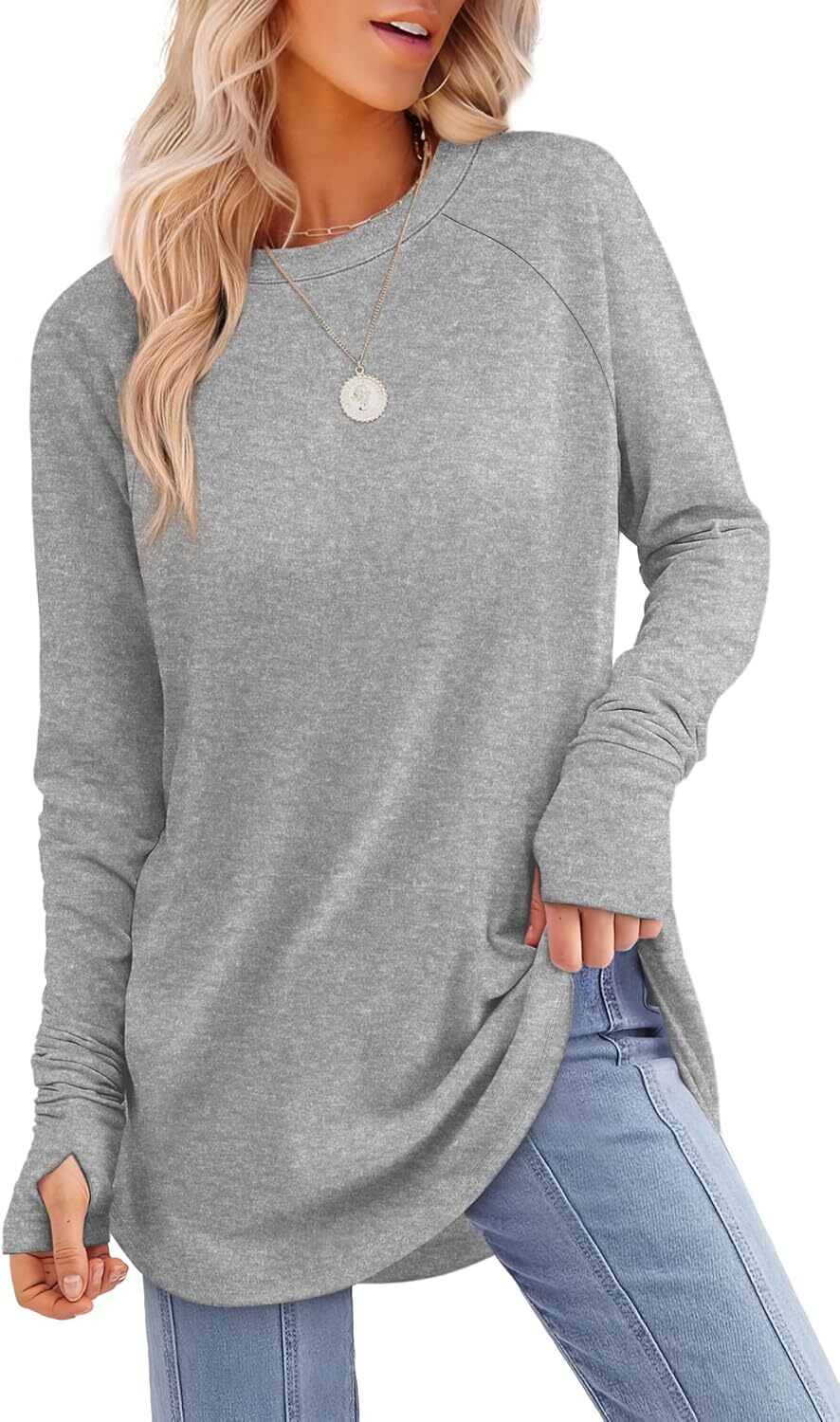 🔥Womens Tunic Tops to Wear with Leggings Long Sleeve Thumb Hole Shirts Crew Neck Curved Hem