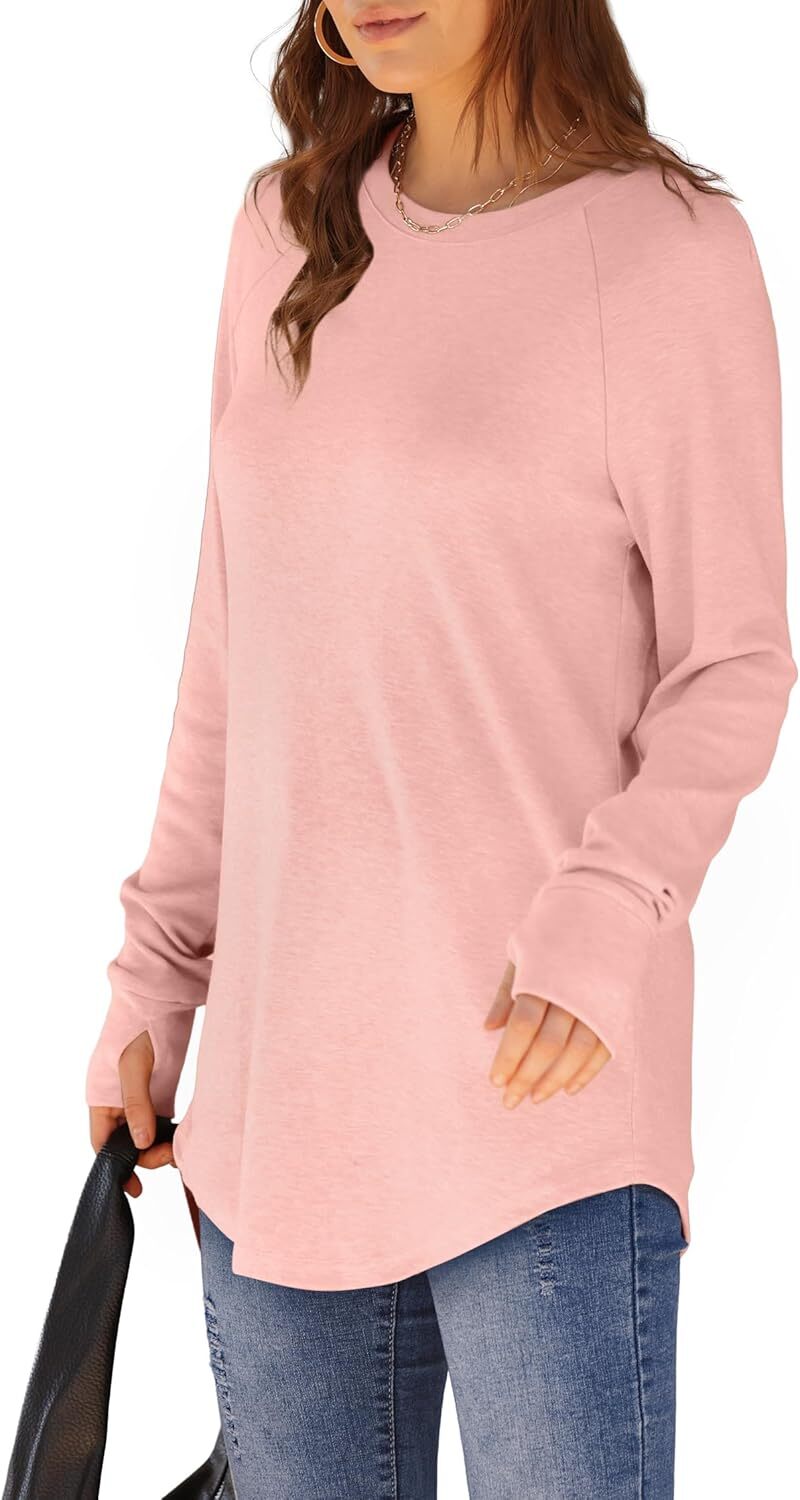 🔥Womens Tunic Tops to Wear with Leggings Long Sleeve Thumb Hole Shirts Crew Neck Curved Hem