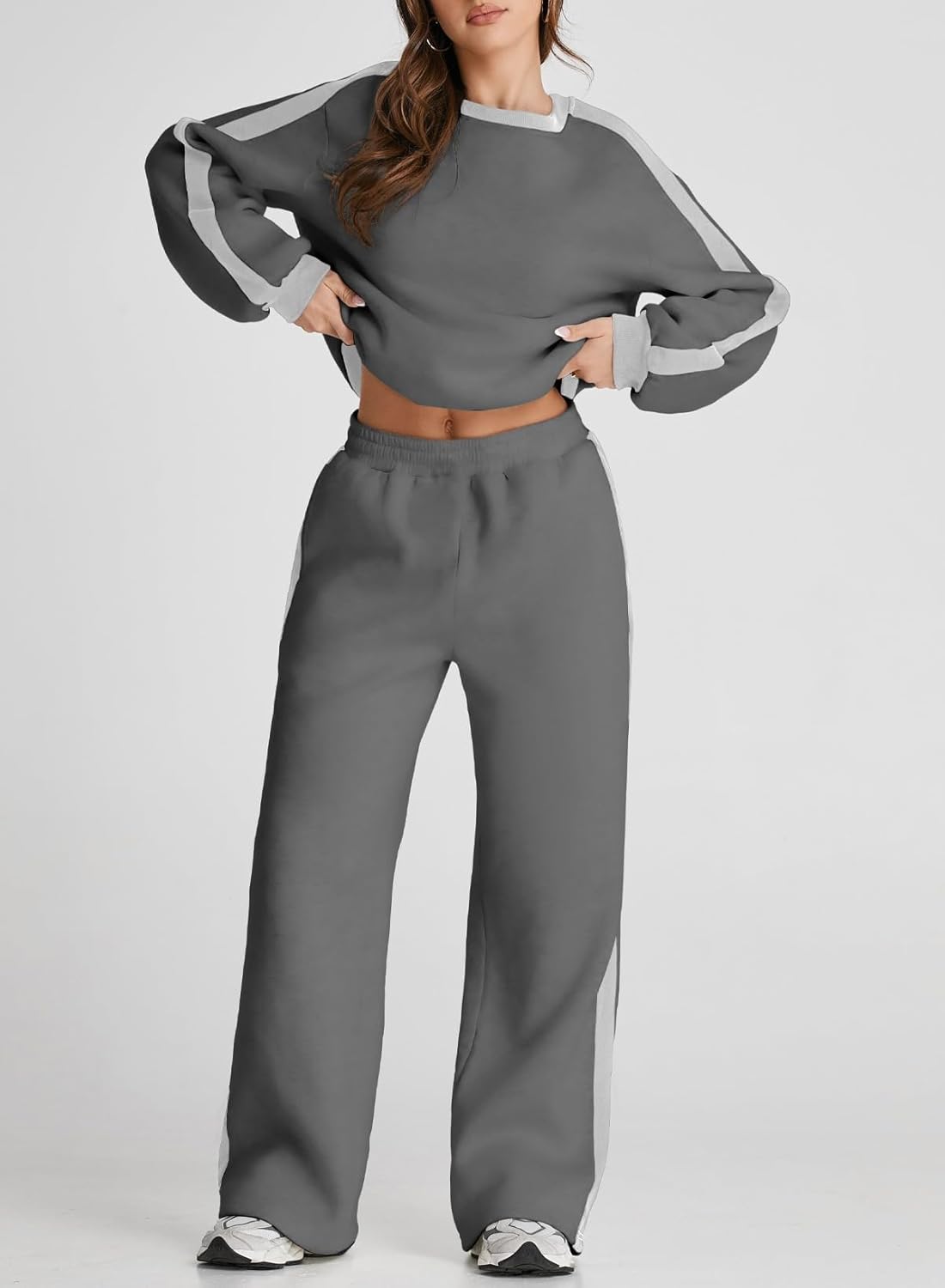 ❤️Last day promotion! Women 2 Piece Outfits Color Block Sweatsuit Casual Fleece Lounge Matching Sets