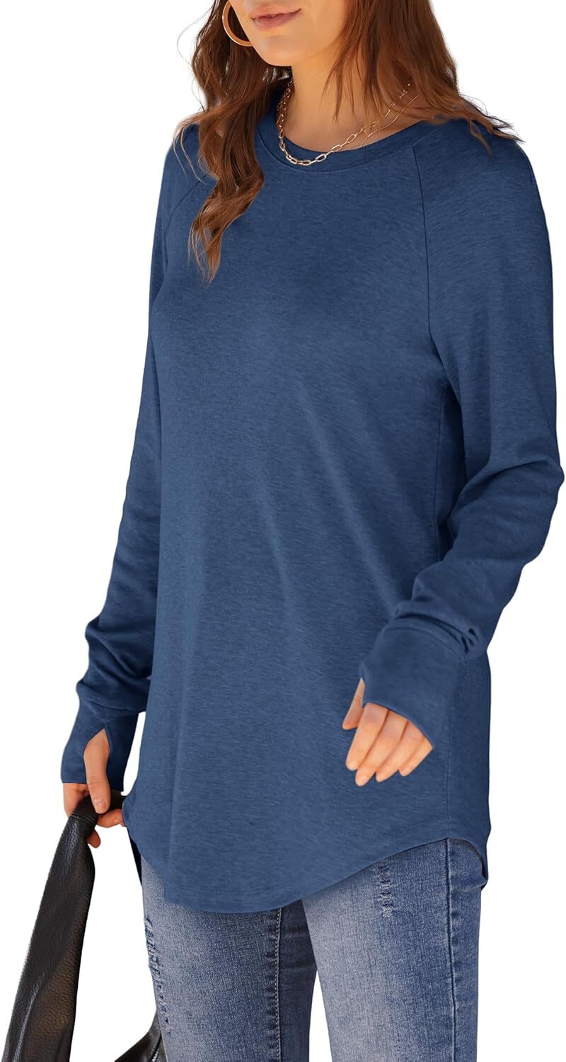 🔥Womens Tunic Tops to Wear with Leggings Long Sleeve Thumb Hole Shirts Crew Neck Curved Hem