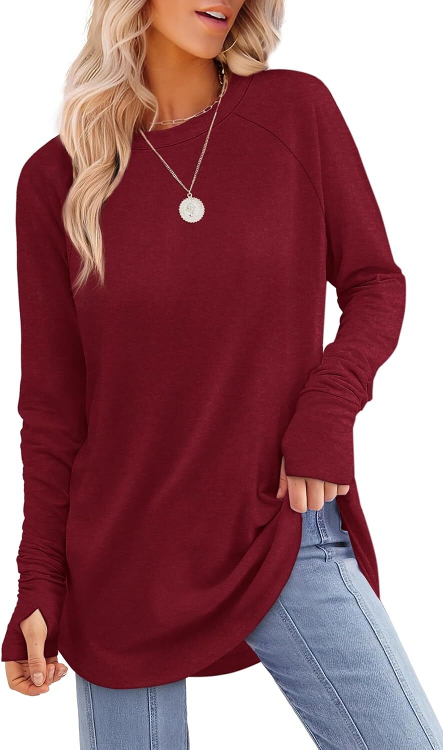 🔥Womens Tunic Tops to Wear with Leggings Long Sleeve Thumb Hole Shirts Crew Neck Curved Hem