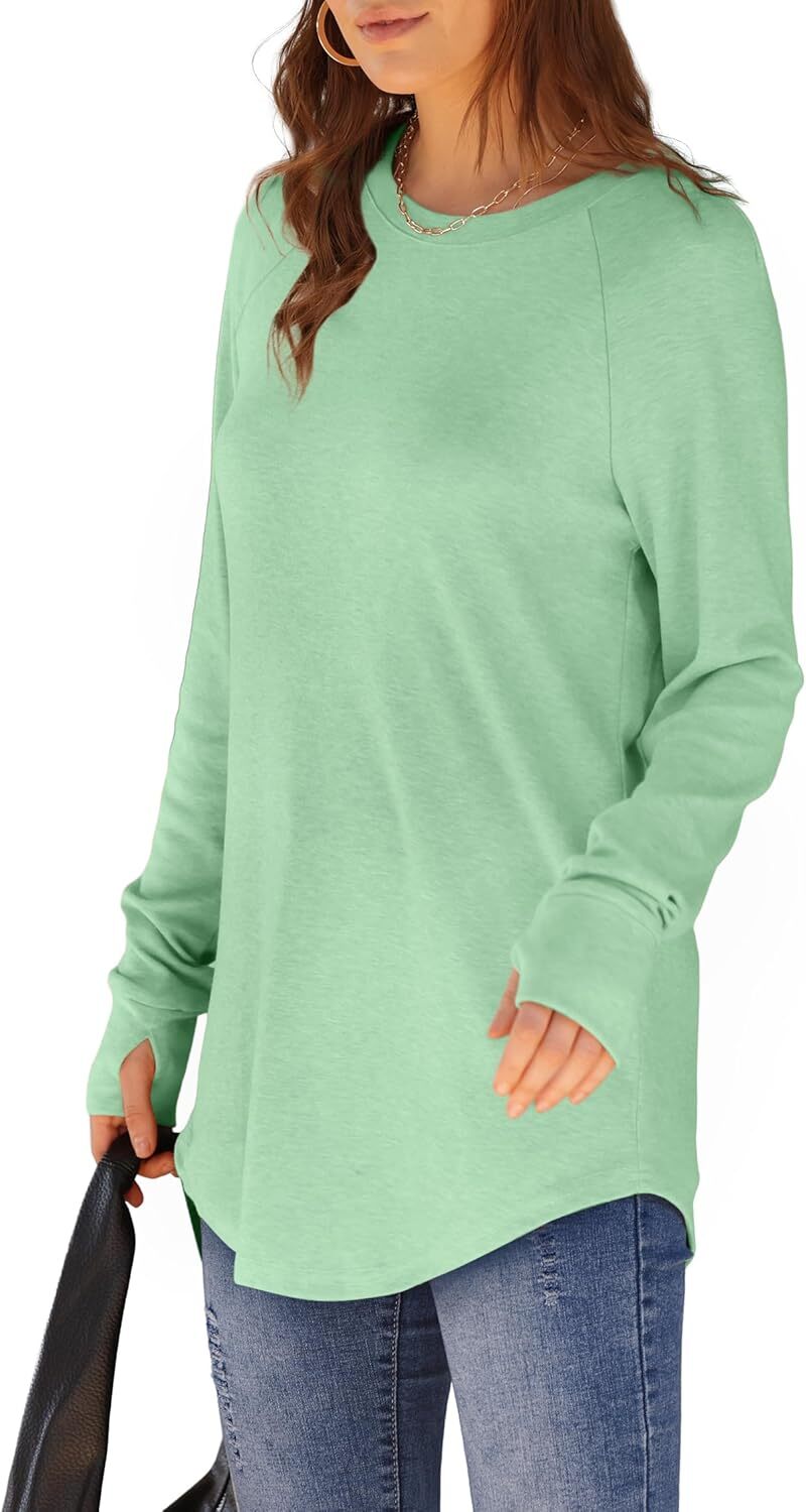 🔥Womens Tunic Tops to Wear with Leggings Long Sleeve Thumb Hole Shirts Crew Neck Curved Hem