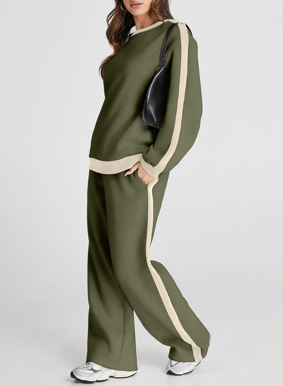 ❤️Last day promotion! Women 2 Piece Outfits Color Block Sweatsuit Casual Fleece Lounge Matching Sets
