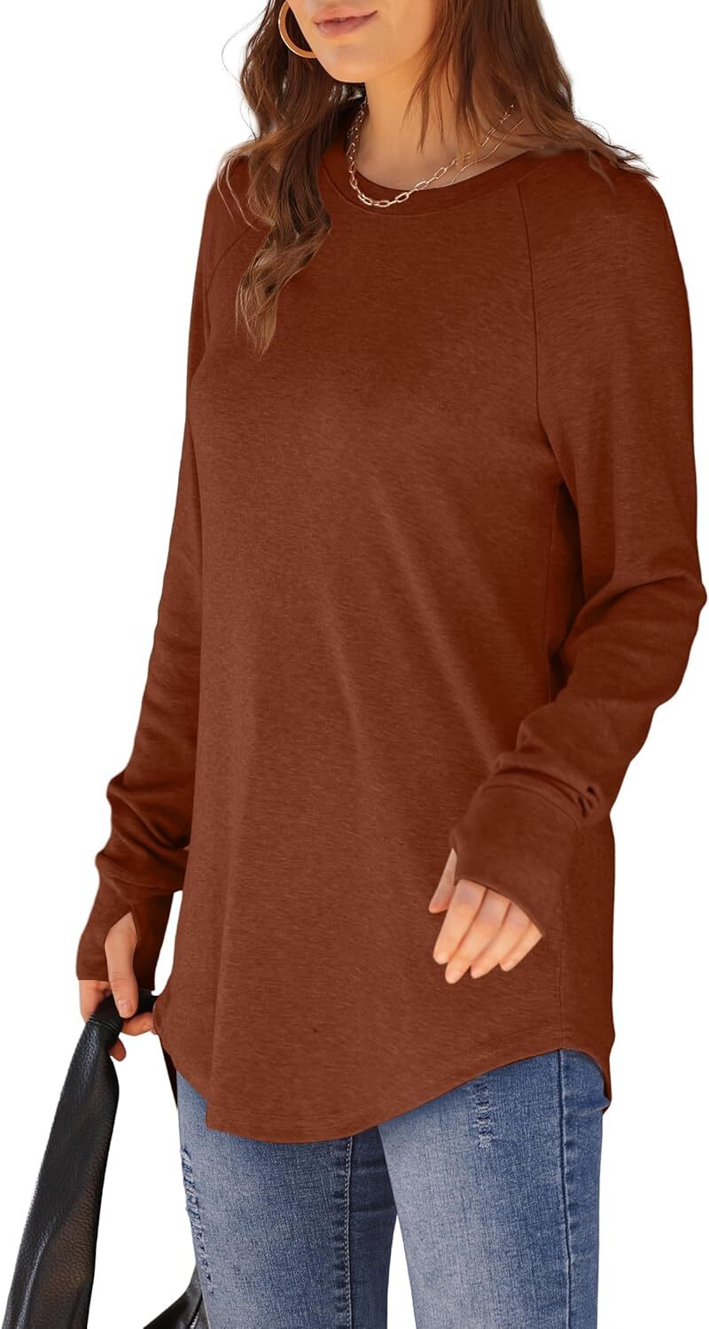 🔥Womens Tunic Tops to Wear with Leggings Long Sleeve Thumb Hole Shirts Crew Neck Curved Hem
