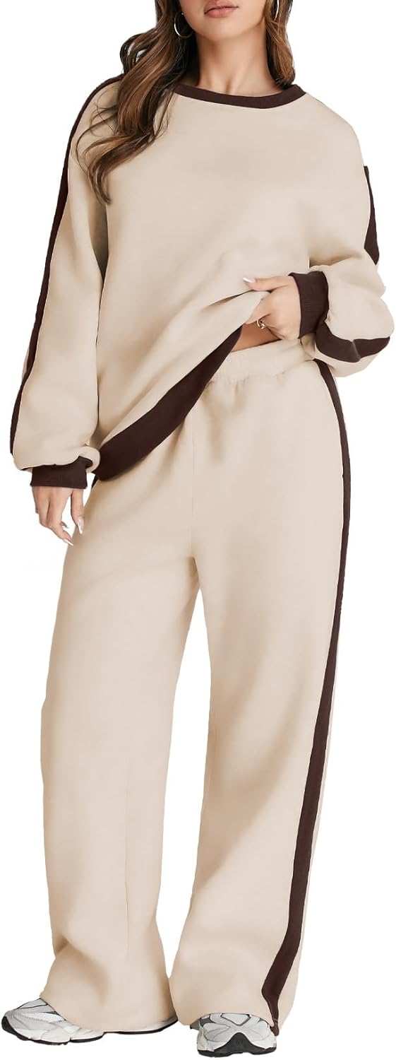 ❤️Last day promotion! Women 2 Piece Outfits Color Block Sweatsuit Casual Fleece Lounge Matching Sets