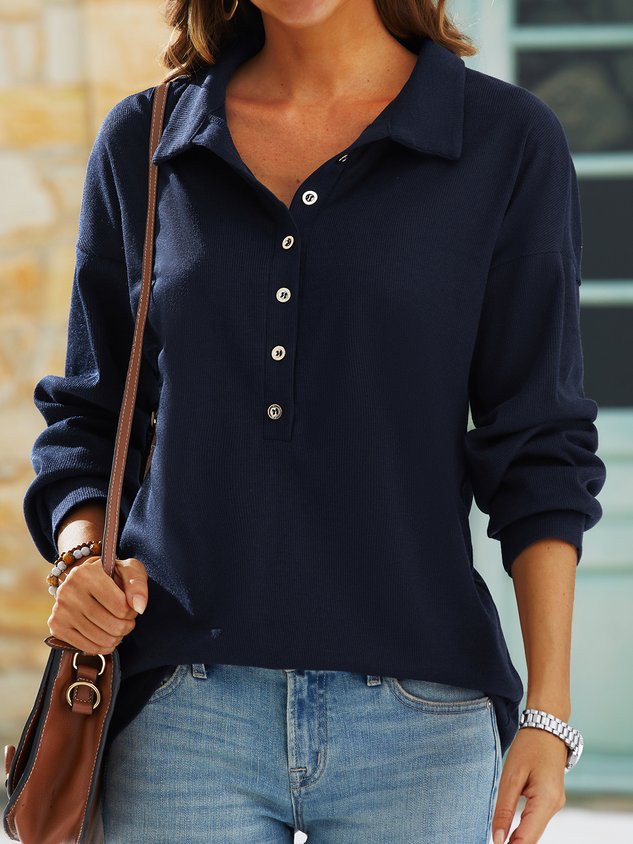 Women's Navy Button Front Long Sleeve Henley T-Shirt
